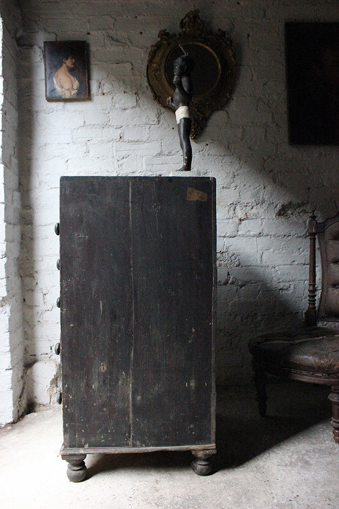 A Decorative c.1900 Black Painted Pine Narrow Chest of Drawers