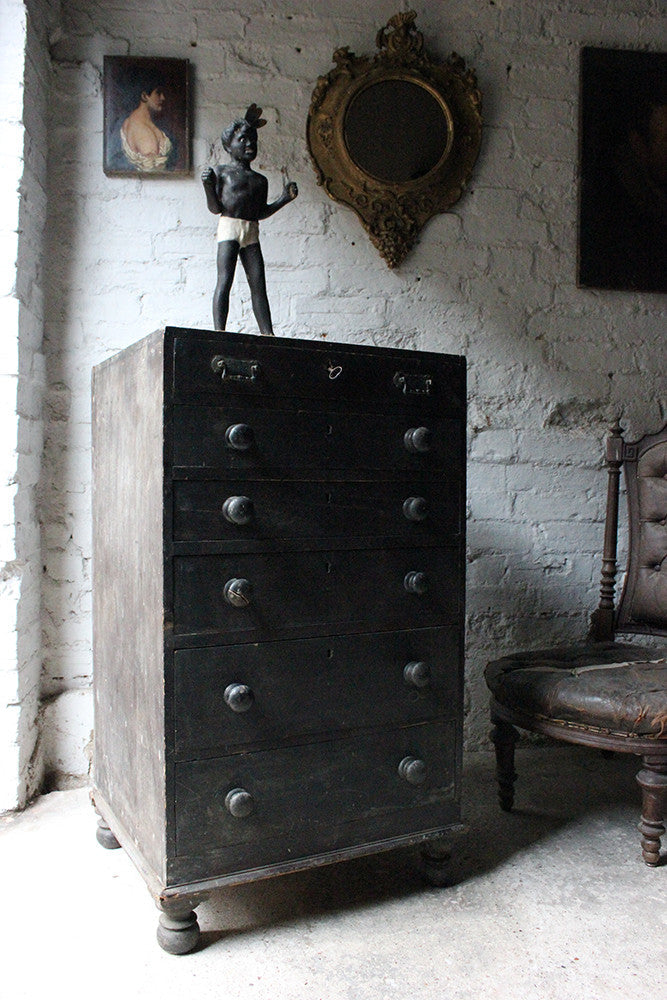 A Decorative c.1900 Black Painted Pine Narrow Chest of Drawers