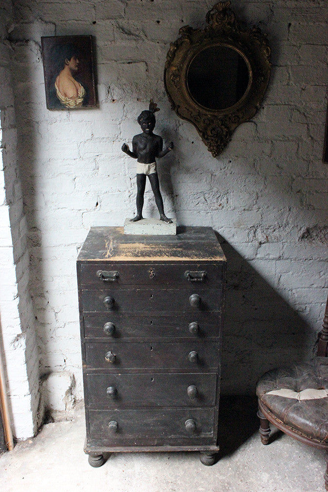 A Decorative c.1900 Black Painted Pine Narrow Chest of Drawers