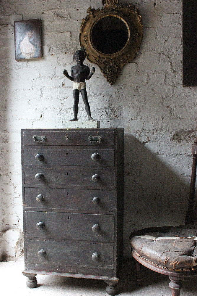 A Decorative c.1900 Black Painted Pine Narrow Chest of Drawers