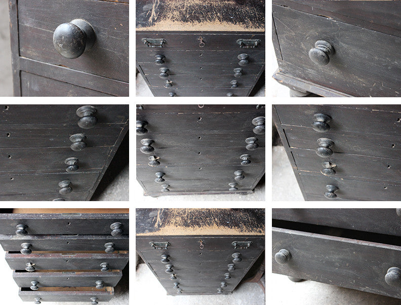 A Decorative c.1900 Black Painted Pine Narrow Chest of Drawers