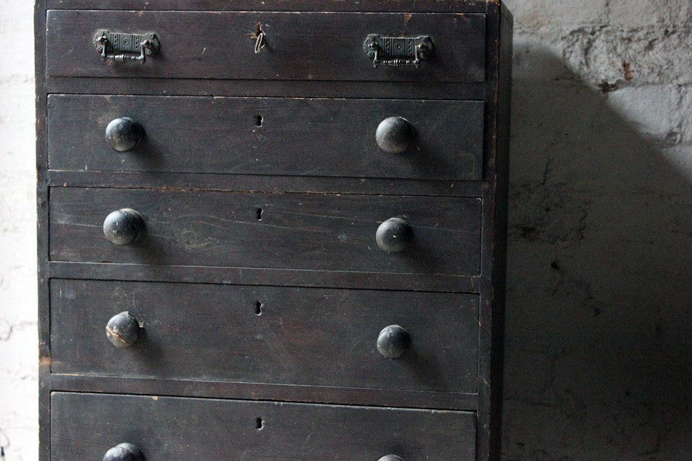 A Decorative c.1900 Black Painted Pine Narrow Chest of Drawers