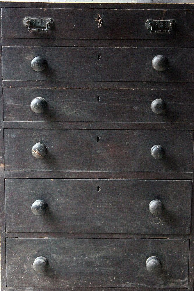A Decorative c.1900 Black Painted Pine Narrow Chest of Drawers