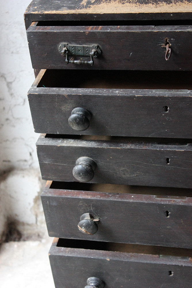 A Decorative c.1900 Black Painted Pine Narrow Chest of Drawers