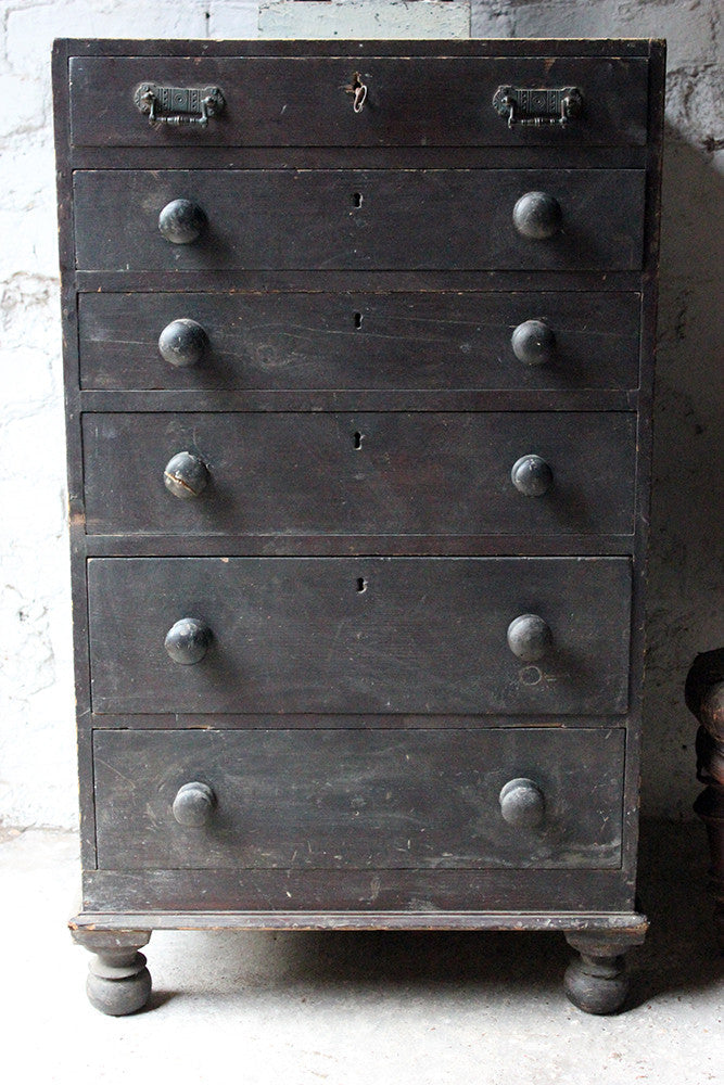 A Decorative c.1900 Black Painted Pine Narrow Chest of Drawers