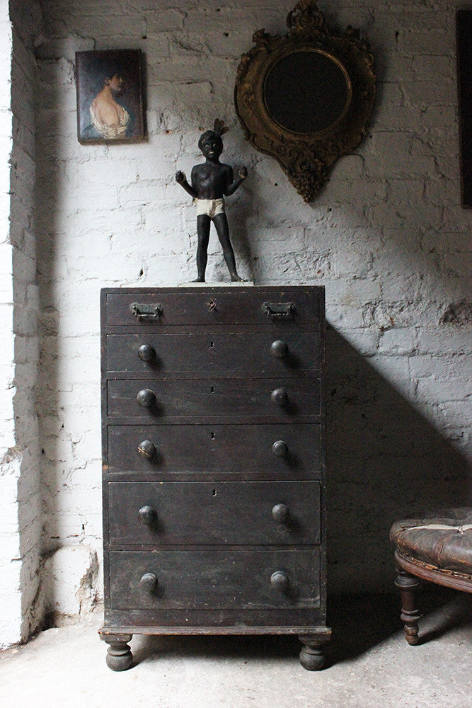 A Decorative c.1900 Black Painted Pine Narrow Chest of Drawers