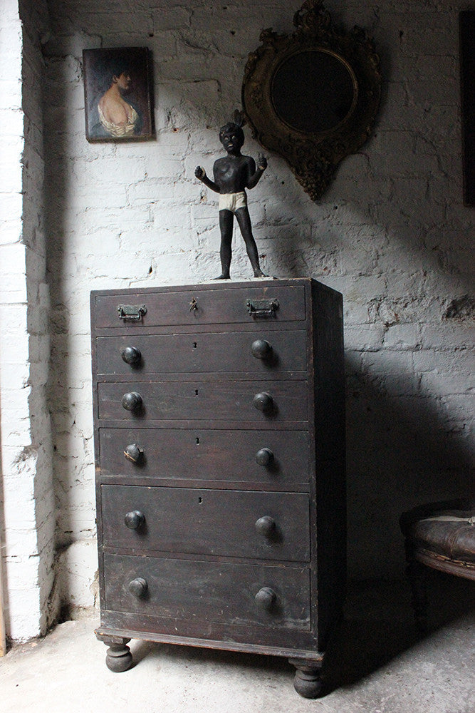 A Decorative c.1900 Black Painted Pine Narrow Chest of Drawers