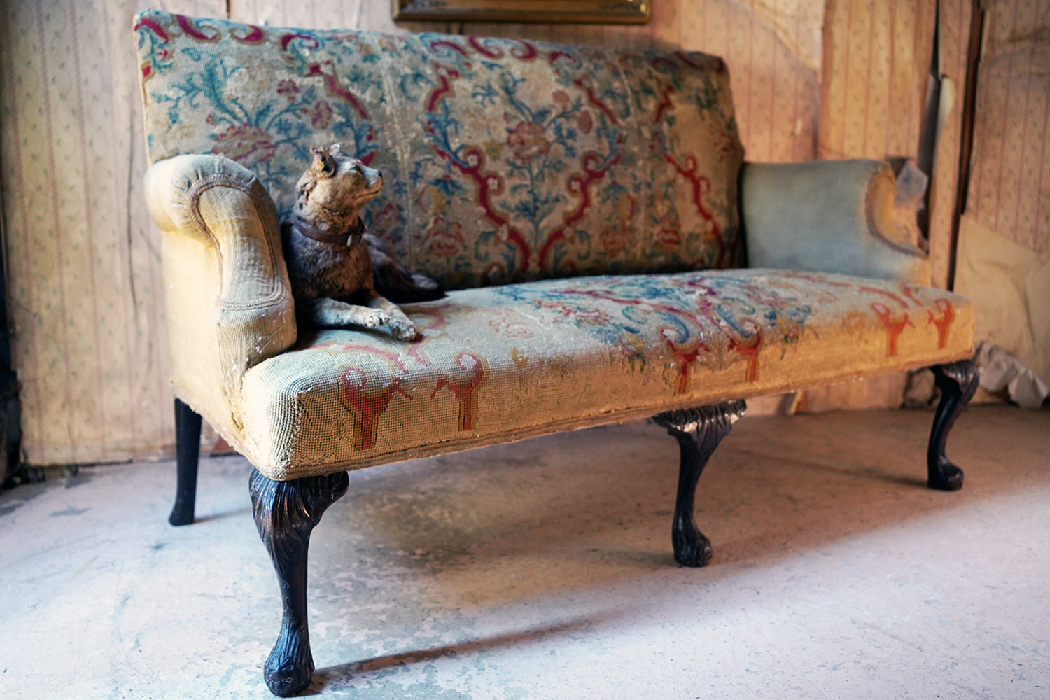 A George III Walnut Needlepoint Tapestry Upholstered Settee