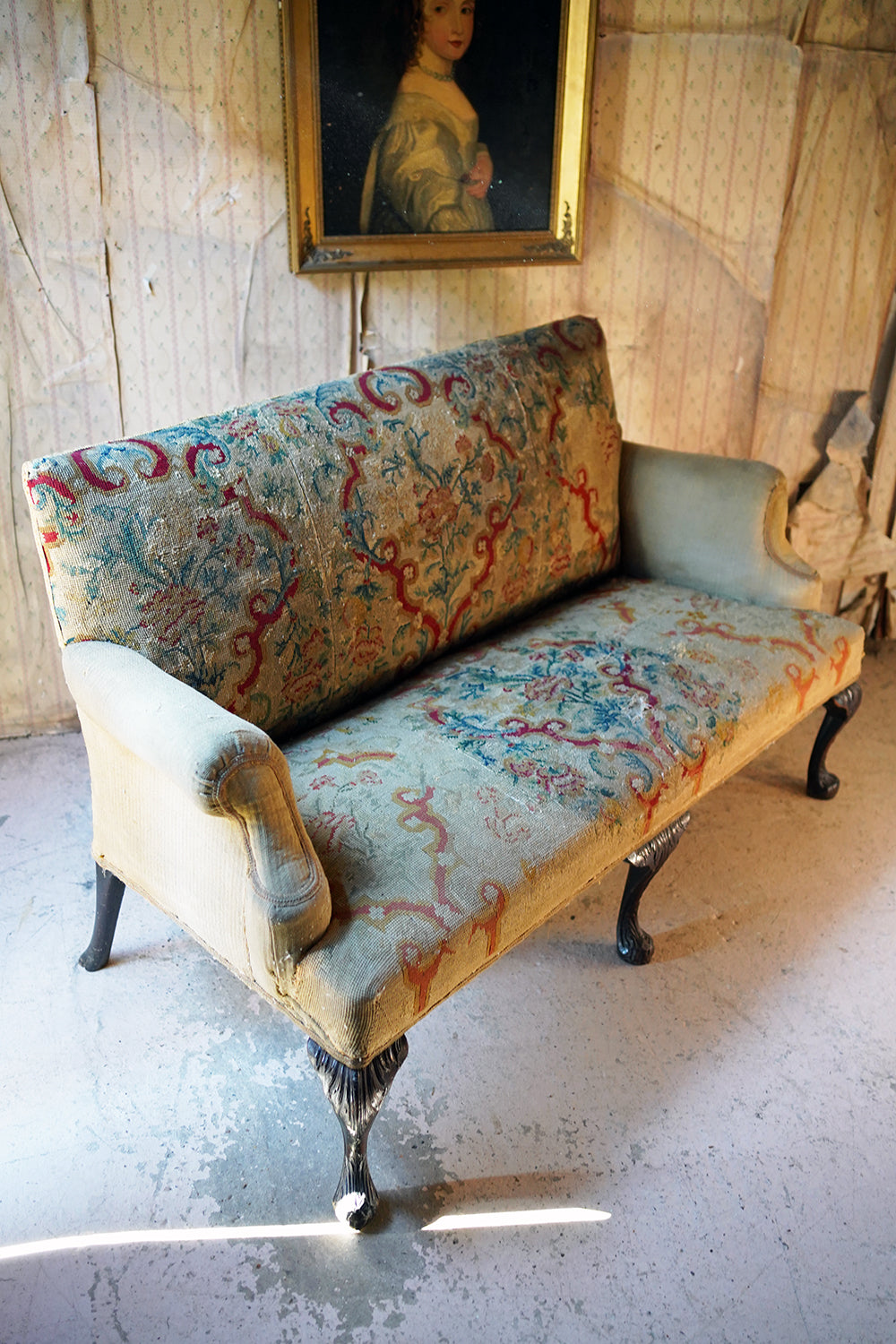 A George III Walnut Needlepoint Tapestry Upholstered Settee