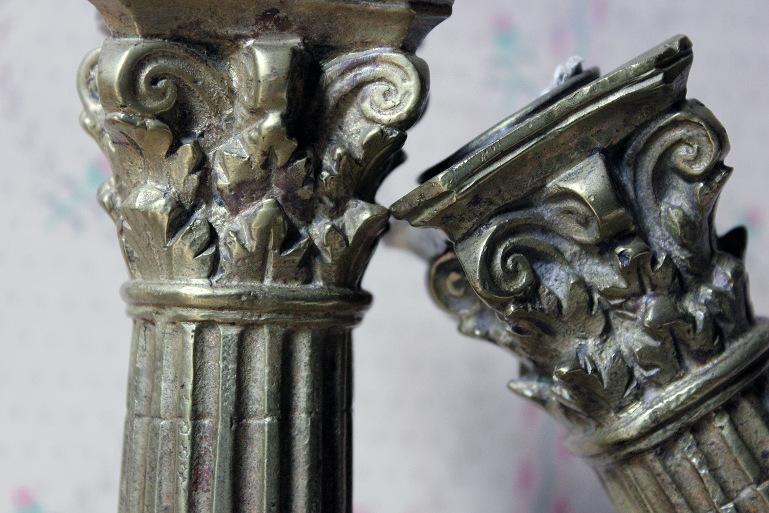 A Good Pair of Large 19thC Ormolu Candlesticks Modelled as Corinthian Capital Ruins c.1890