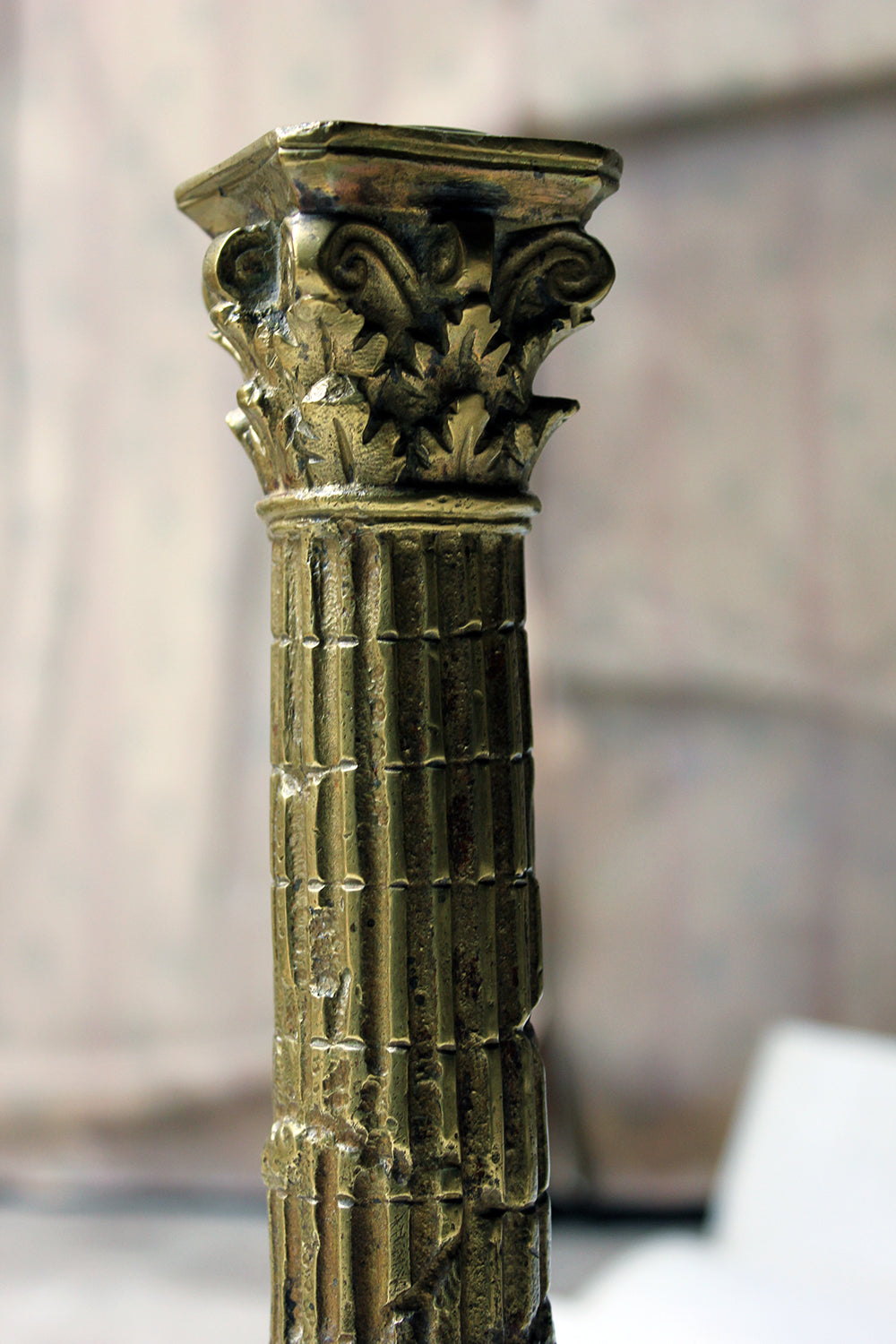A Good Pair of Large 19thC Ormolu Candlesticks Modelled as Corinthian Capital Ruins c.1890