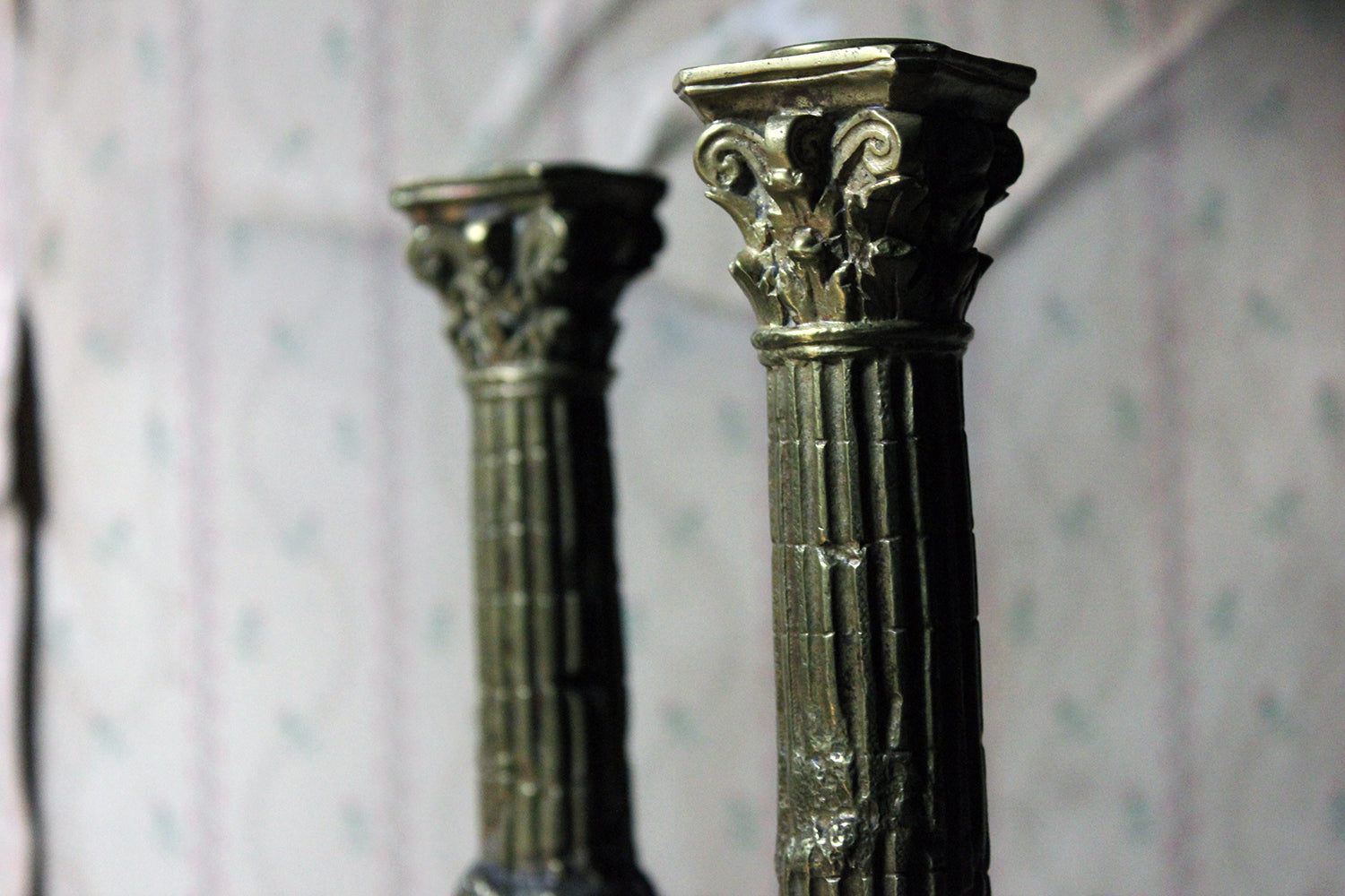 A Good Pair of Large 19thC Ormolu Candlesticks Modelled as Corinthian Capital Ruins c.1890