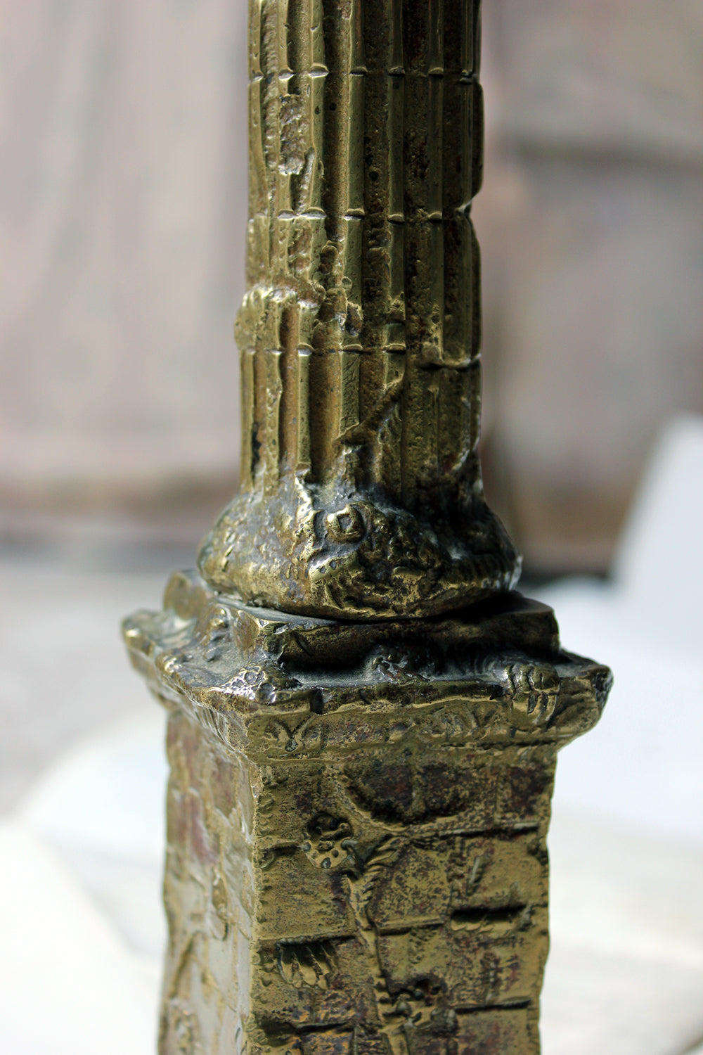 A Good Pair of Large 19thC Ormolu Candlesticks Modelled as Corinthian Capital Ruins c.1890