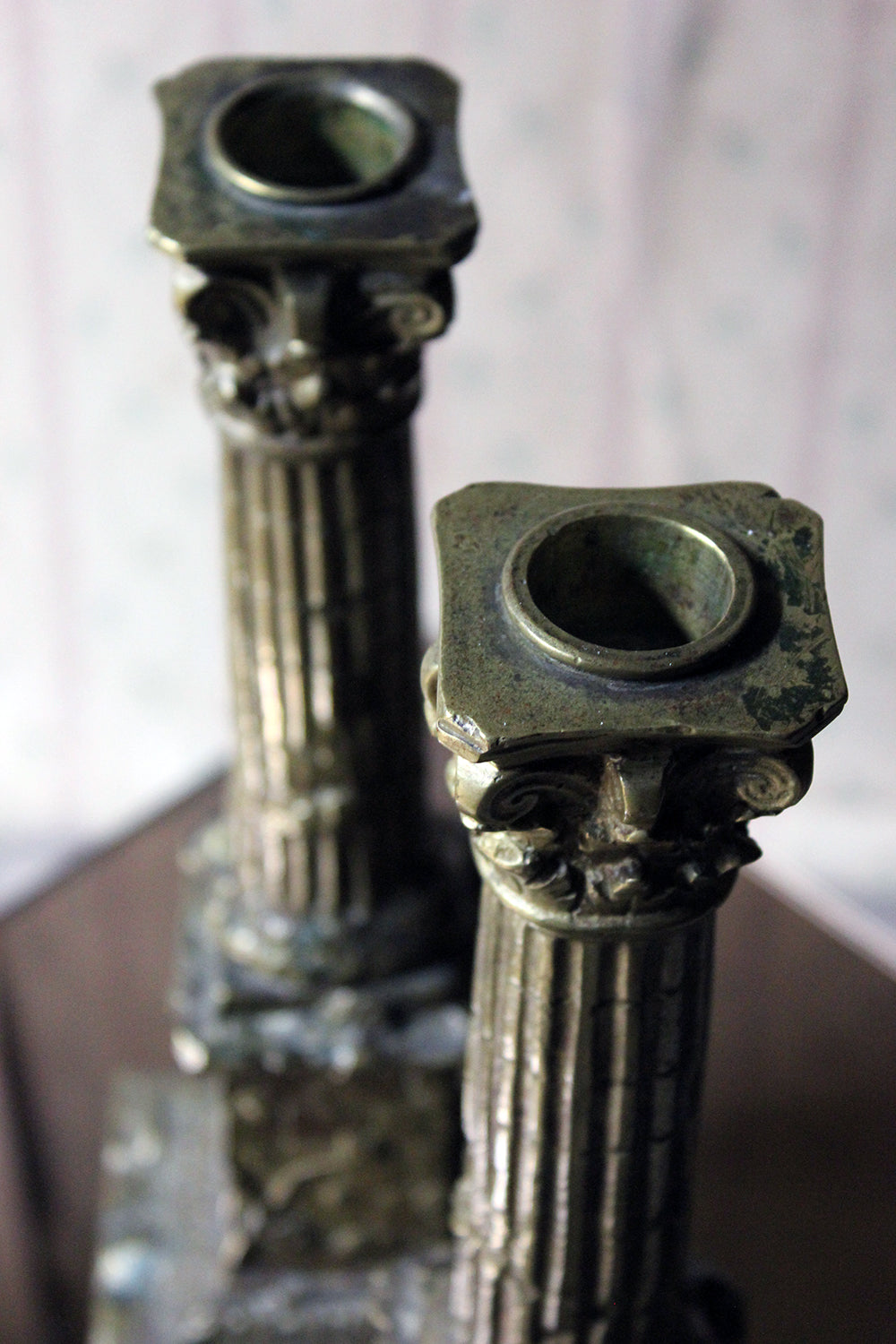 A Good Pair of Large 19thC Ormolu Candlesticks Modelled as Corinthian Capital Ruins c.1890