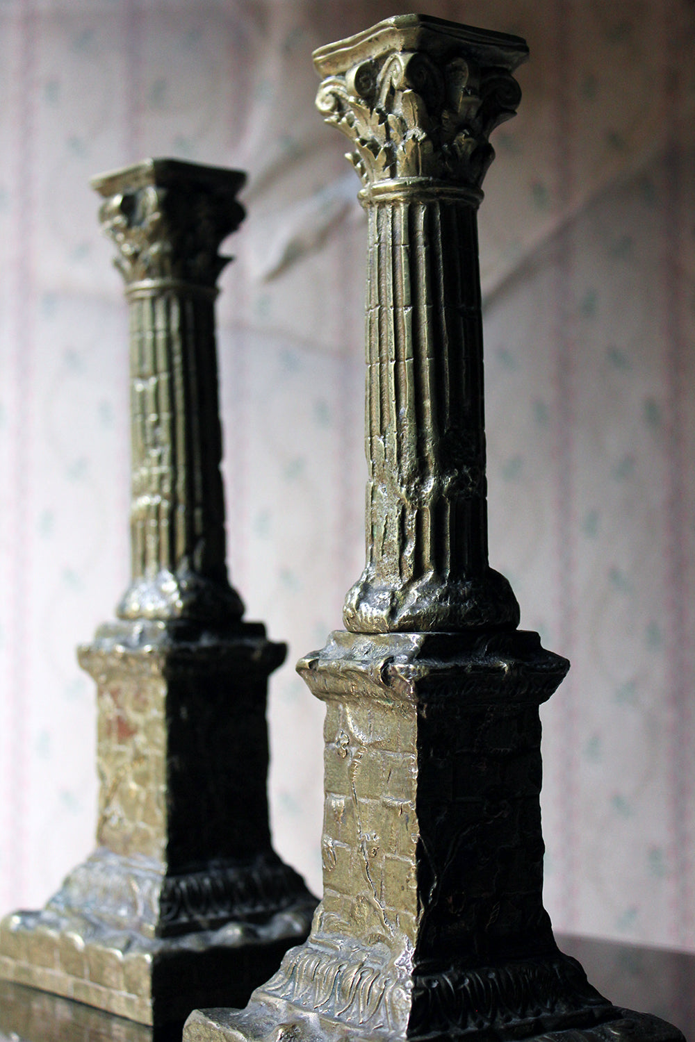 A Good Pair of Large 19thC Ormolu Candlesticks Modelled as Corinthian Capital Ruins c.1890