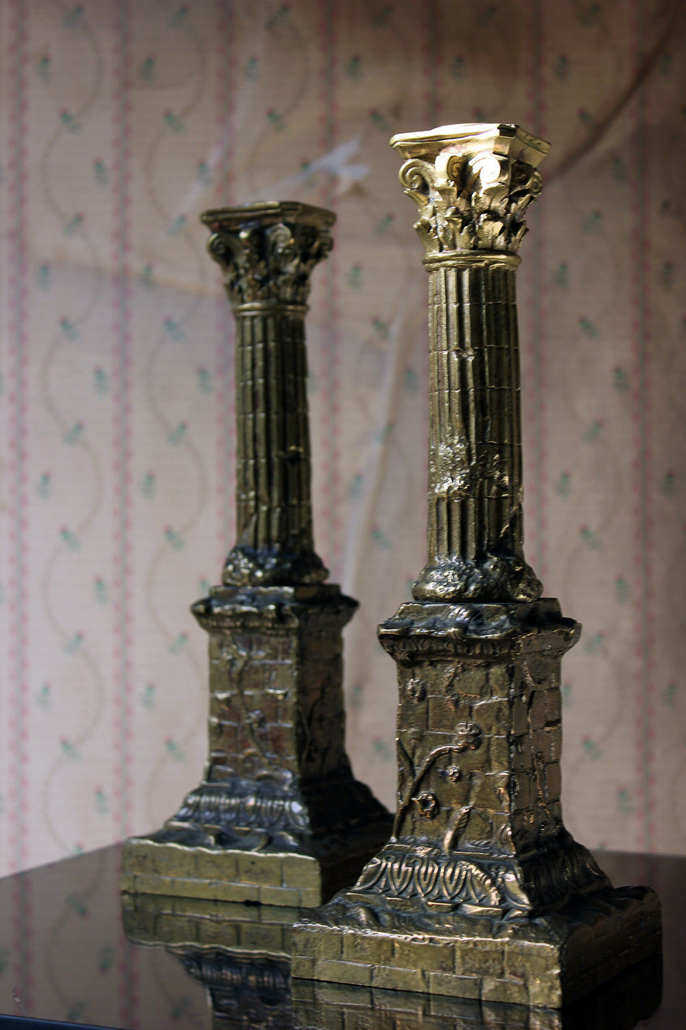 A Good Pair of Large 19thC Ormolu Candlesticks Modelled as Corinthian Capital Ruins c.1890