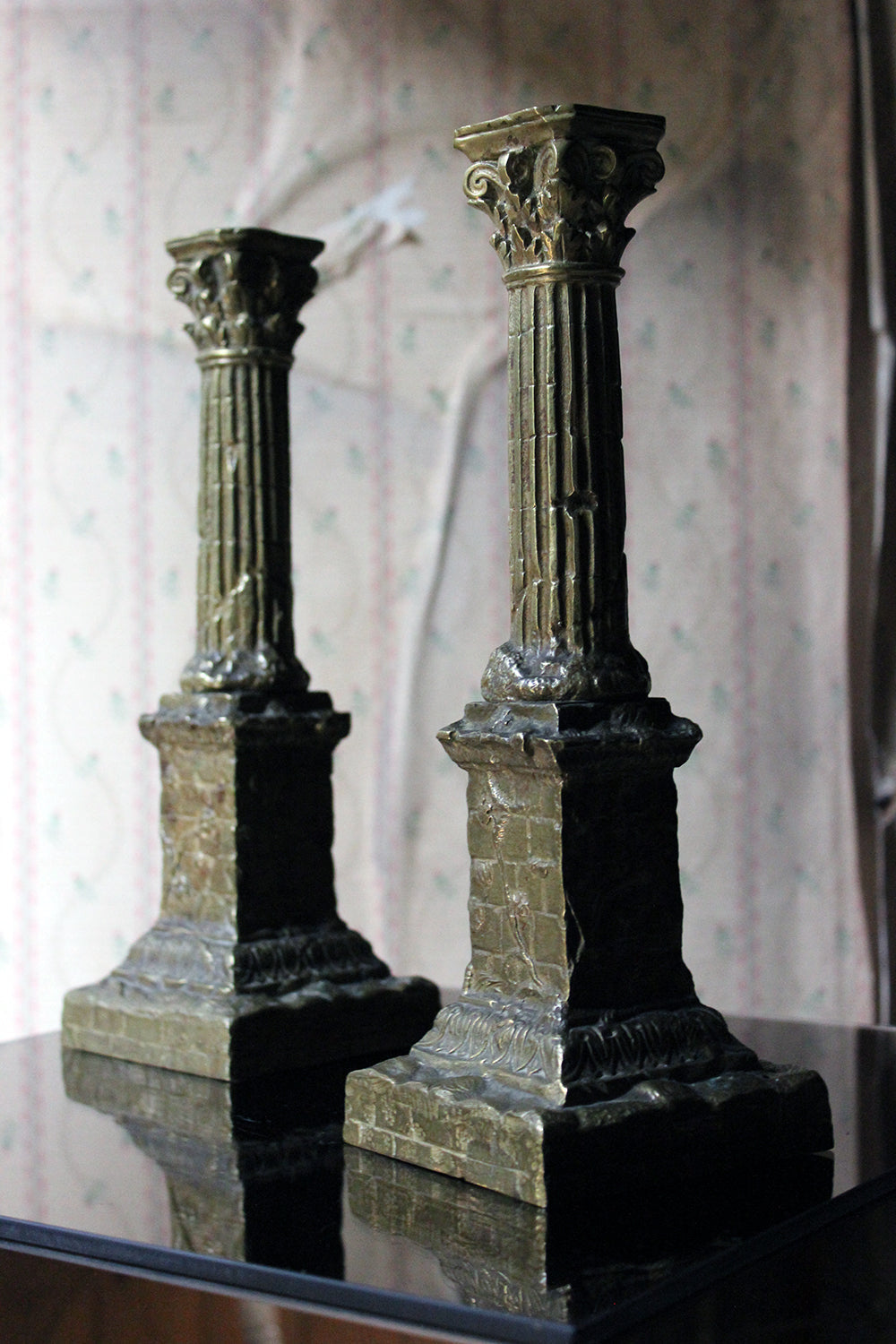 A Good Pair of Large 19thC Ormolu Candlesticks Modelled as Corinthian Capital Ruins c.1890