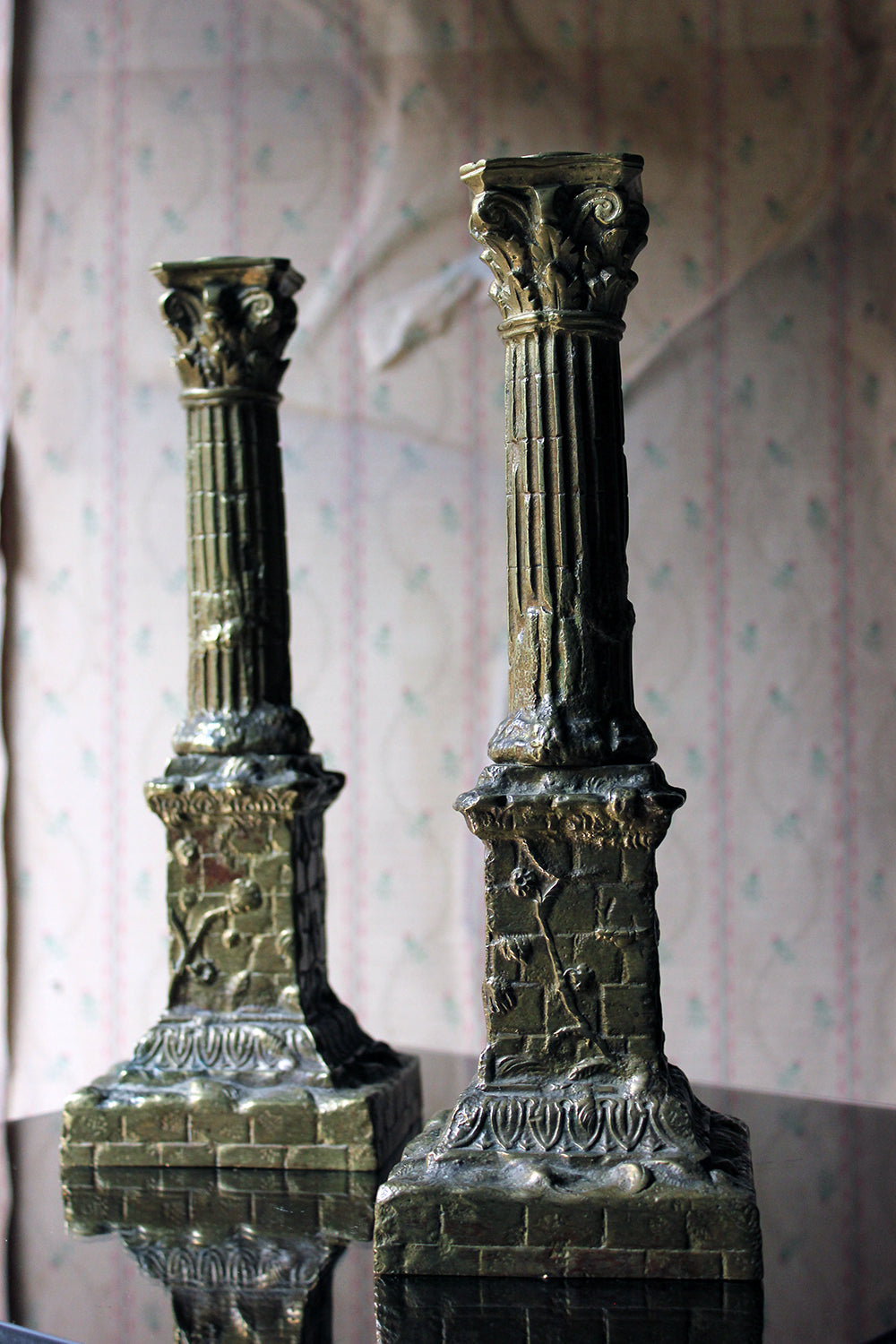 A Good Pair of Large 19thC Ormolu Candlesticks Modelled as Corinthian Capital Ruins c.1890