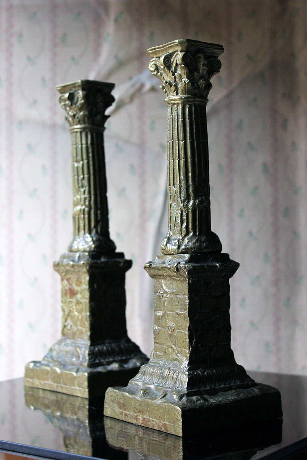 A Good Pair of Large 19thC Ormolu Candlesticks Modelled as Corinthian Capital Ruins c.1890