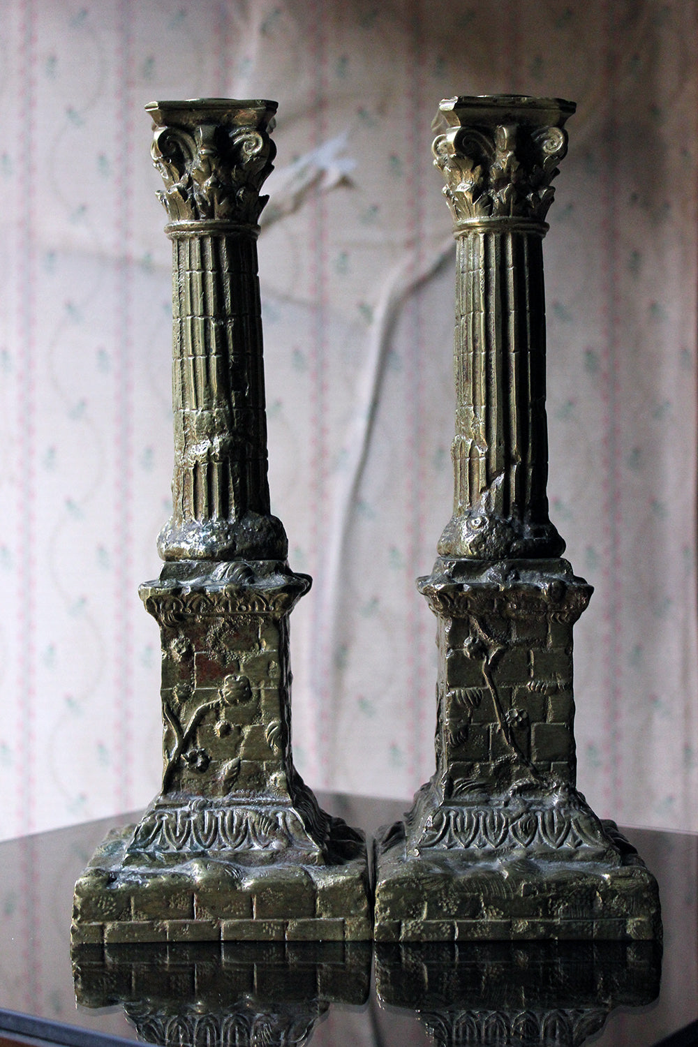 A Good Pair of Large 19thC Ormolu Candlesticks Modelled as Corinthian Capital Ruins c.1890