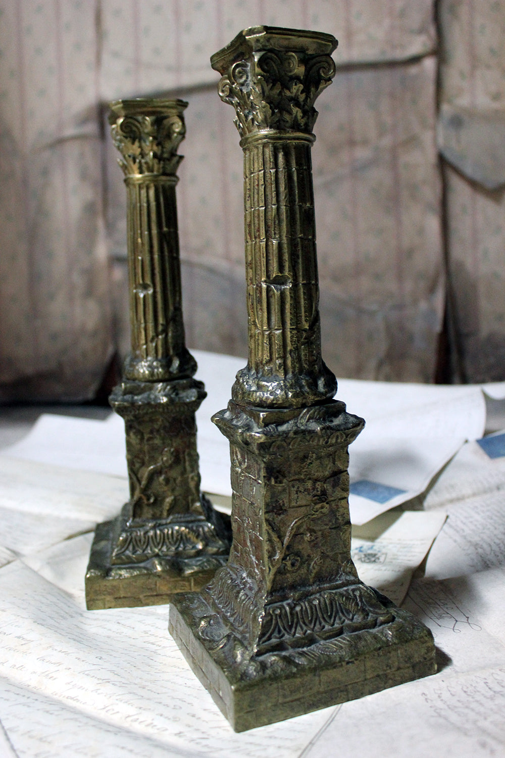 A Good Pair of Large 19thC Ormolu Candlesticks Modelled as Corinthian Capital Ruins c.1890