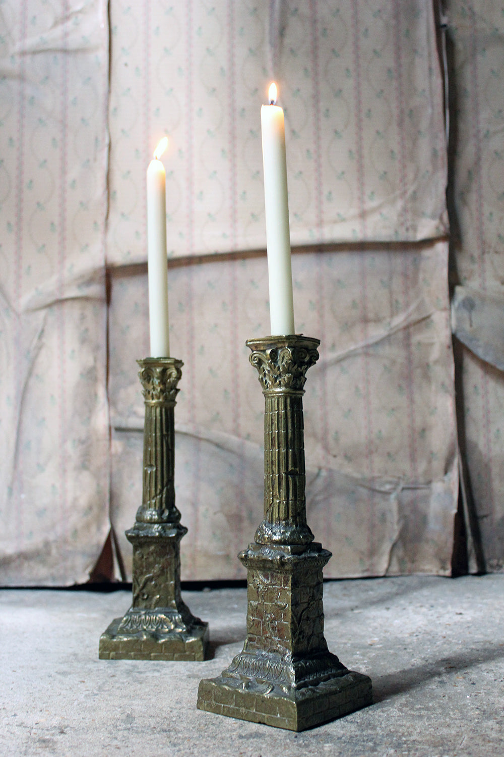 A Good Pair of Large 19thC Ormolu Candlesticks Modelled as Corinthian Capital Ruins c.1890