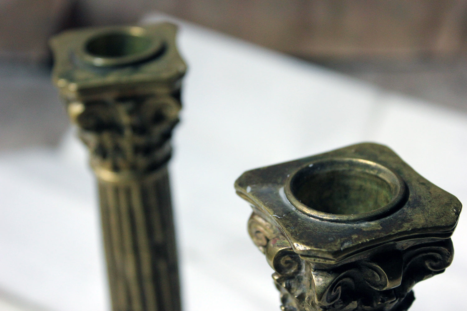 A Good Pair of Large 19thC Ormolu Candlesticks Modelled as Corinthian Capital Ruins c.1890