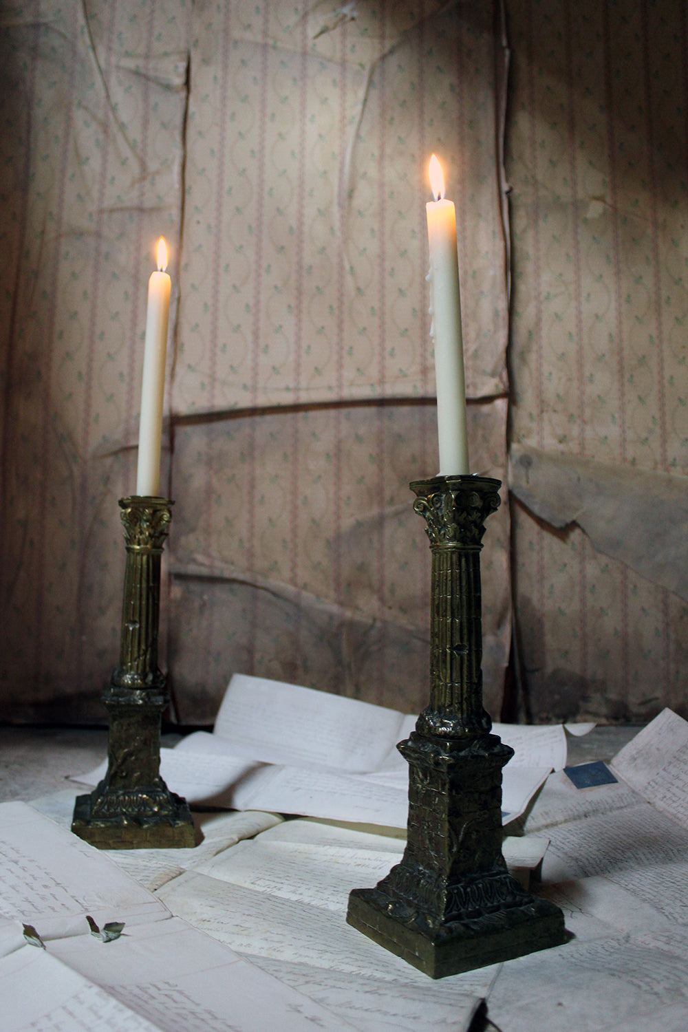 A Good Pair of Large 19thC Ormolu Candlesticks Modelled as Corinthian Capital Ruins c.1890
