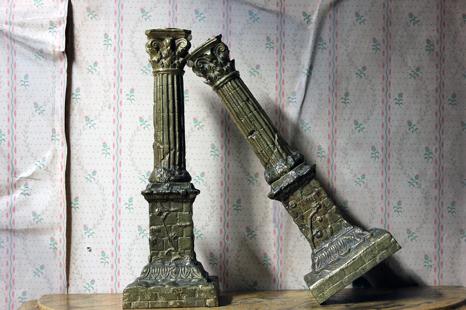 A Good Pair of Large 19thC Ormolu Candlesticks Modelled as Corinthian Capital Ruins c.1890
