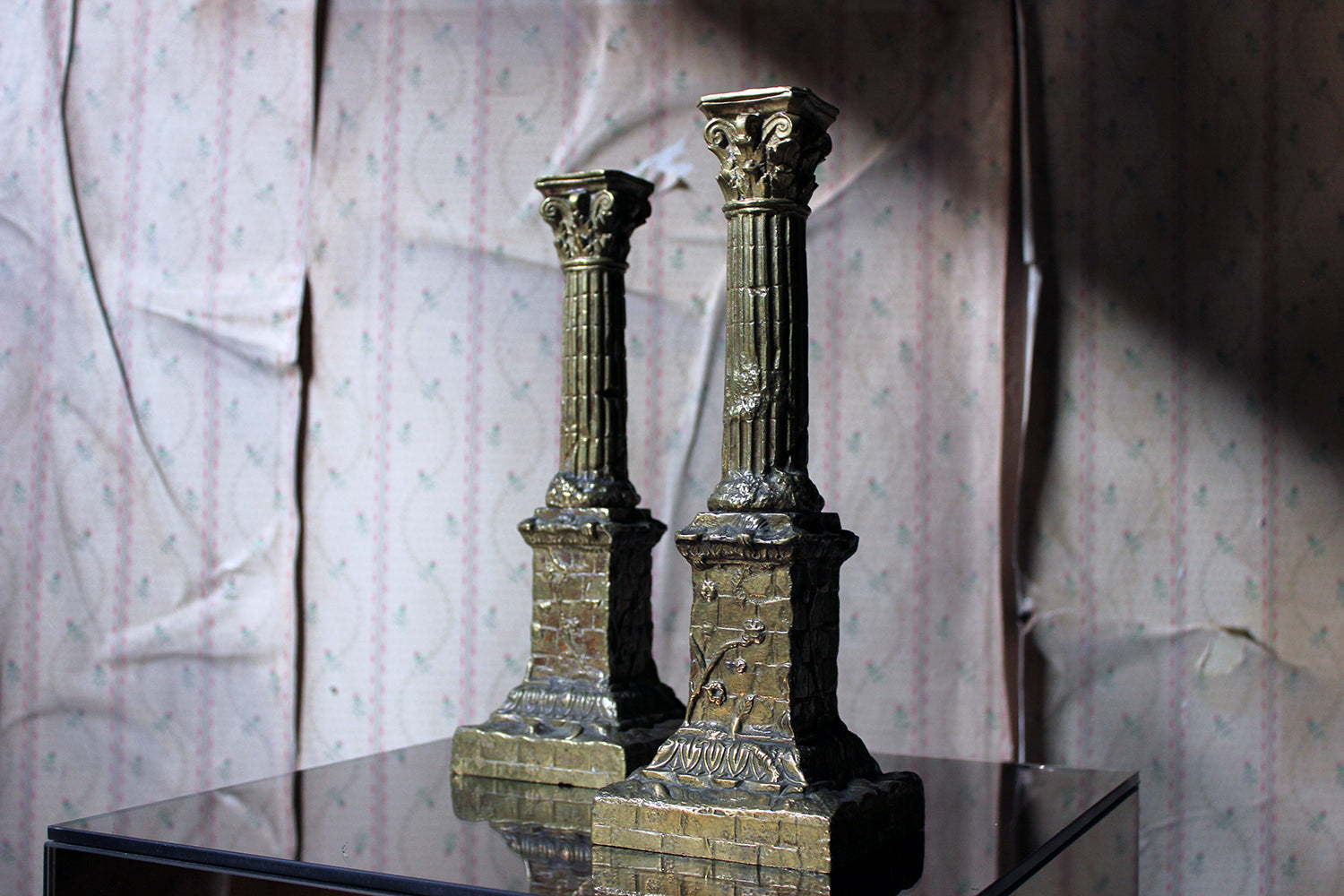A Good Pair of Large 19thC Ormolu Candlesticks Modelled as Corinthian Capital Ruins c.1890