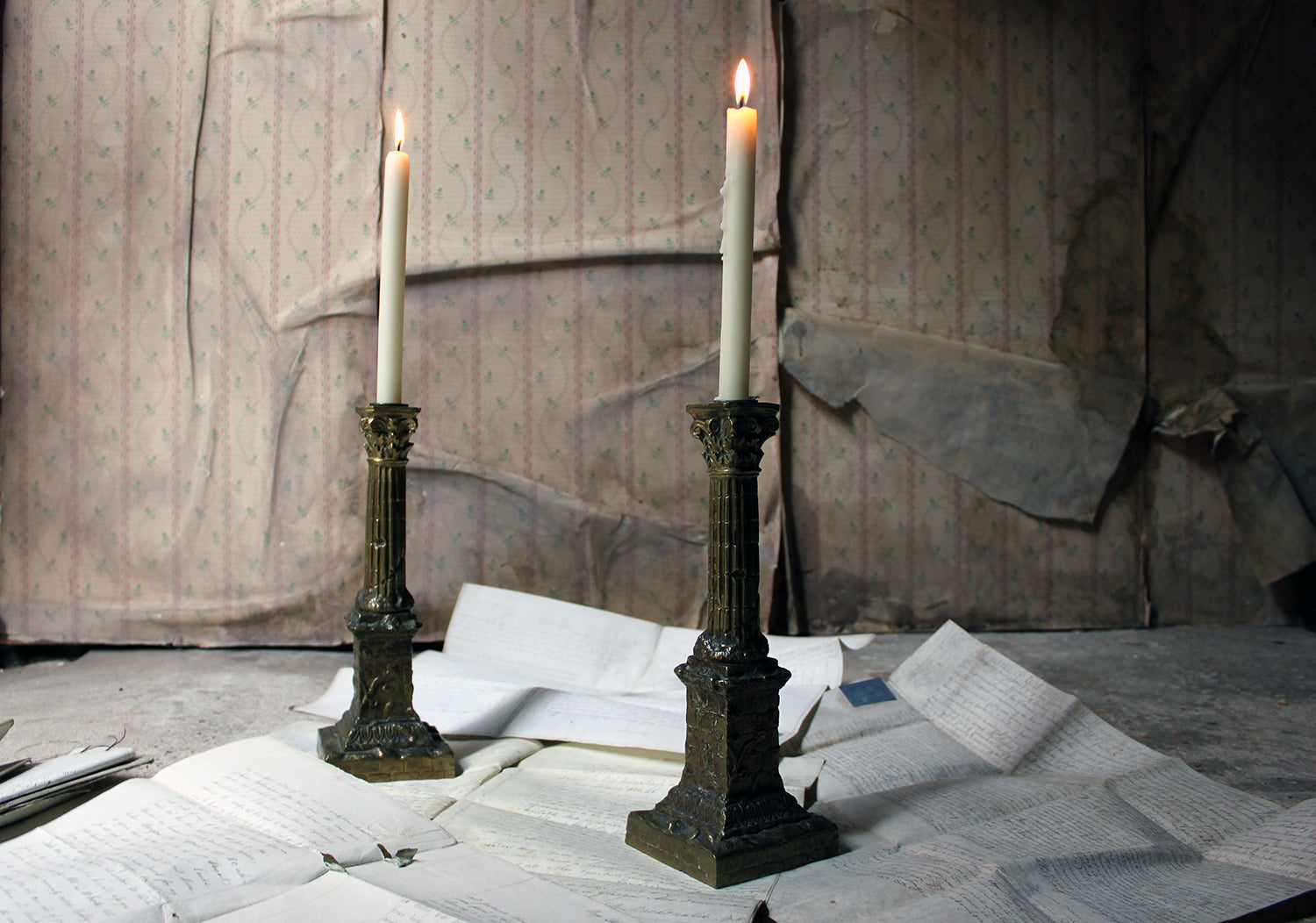 A Good Pair of Large 19thC Ormolu Candlesticks Modelled as Corinthian Capital Ruins c.1890