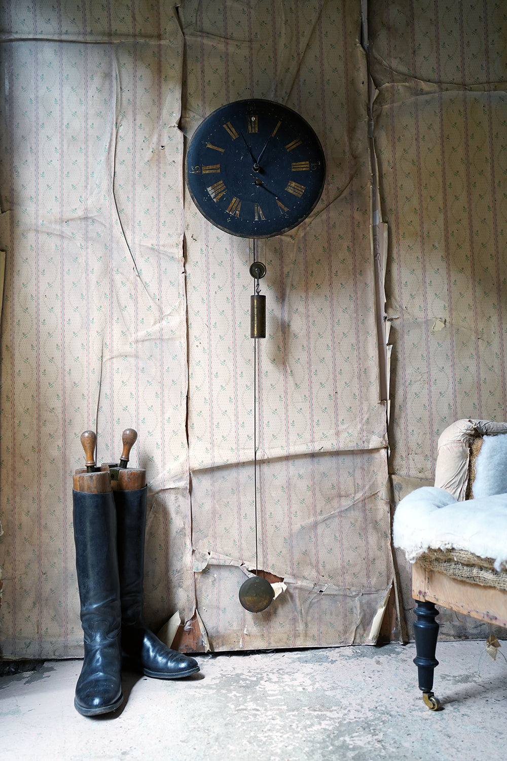 A 19thC English Provincial Painted Weight-Driven Hook & Spike Wall Clock