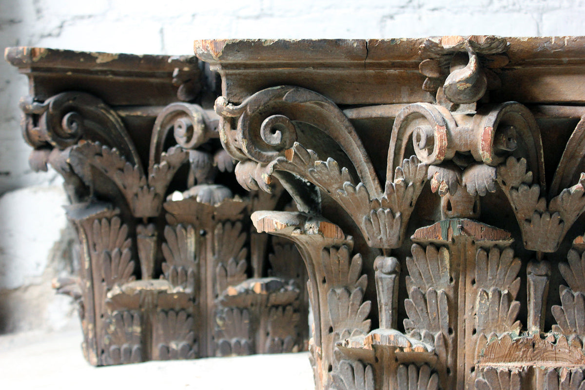 A Decorative Pair of Carved Pine, Plaster & Gesso Painted Corinthian Capital Wall Brackets c.1800
