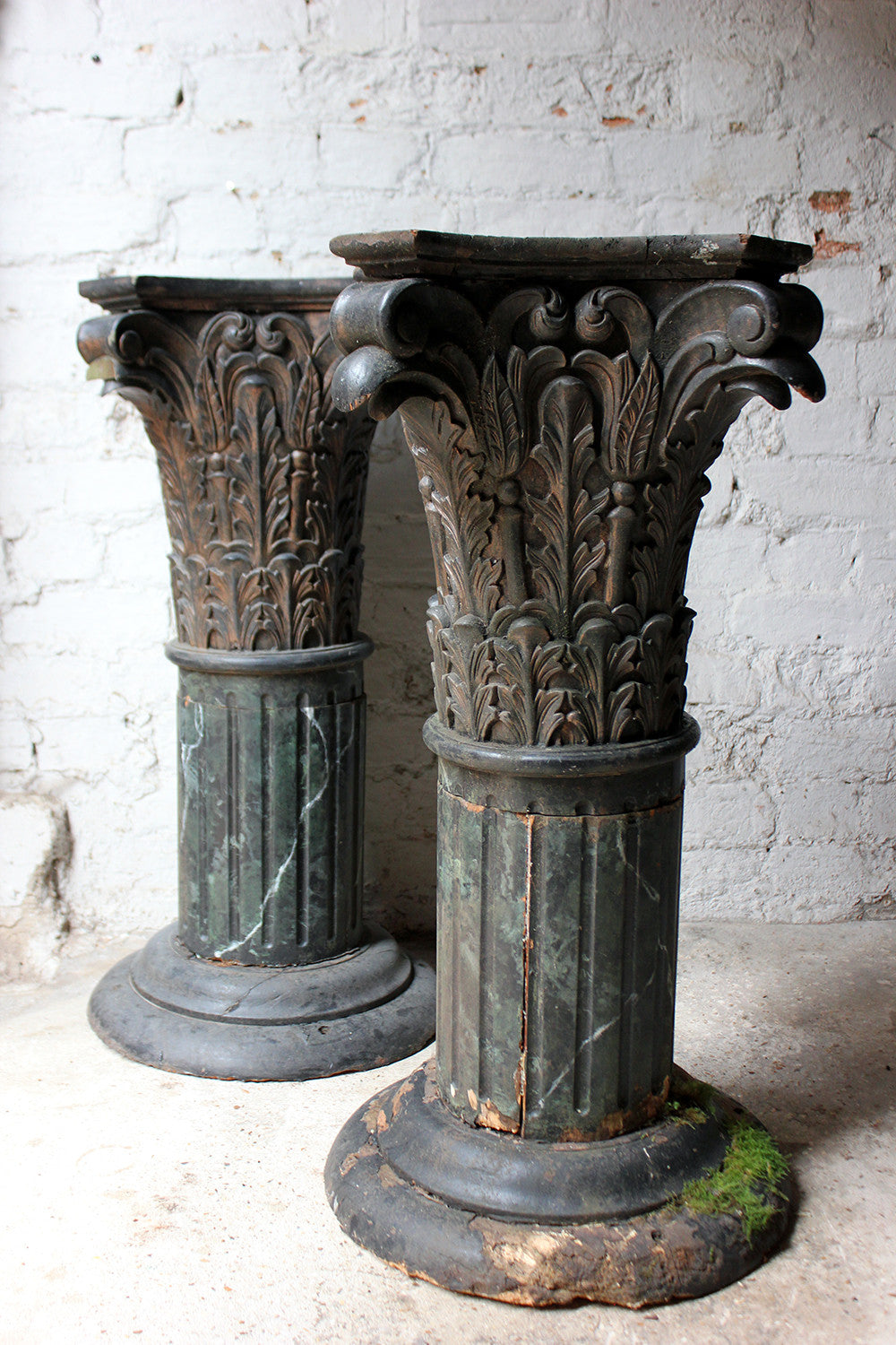 A Decorative Pair of Early 20thC Carved Pine & Faux Marble Painted Corinthian Column Pedestals c.1930-40