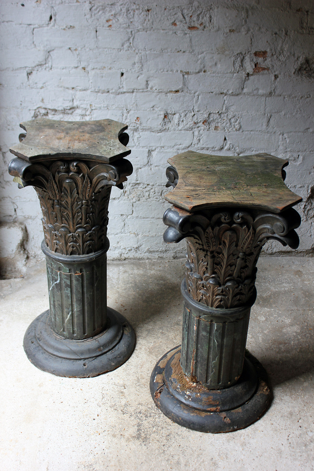A Decorative Pair of Early 20thC Carved Pine & Faux Marble Painted Corinthian Column Pedestals c.1930-40