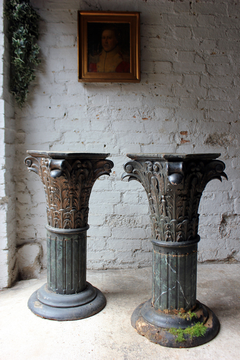 A Decorative Pair of Early 20thC Carved Pine & Faux Marble Painted Corinthian Column Pedestals c.1930-40