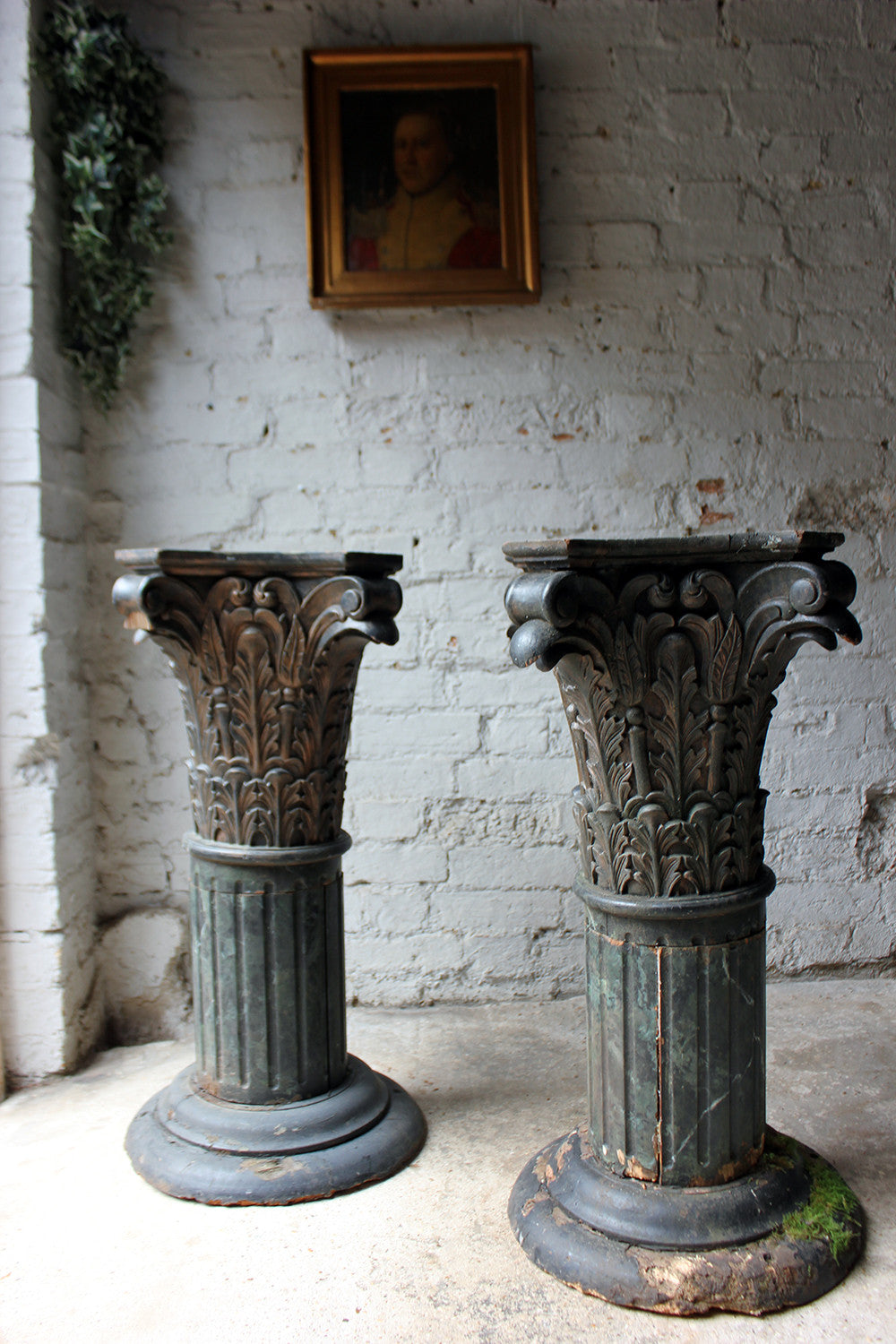 A Decorative Pair of Early 20thC Carved Pine & Faux Marble Painted Corinthian Column Pedestals c.1930-40