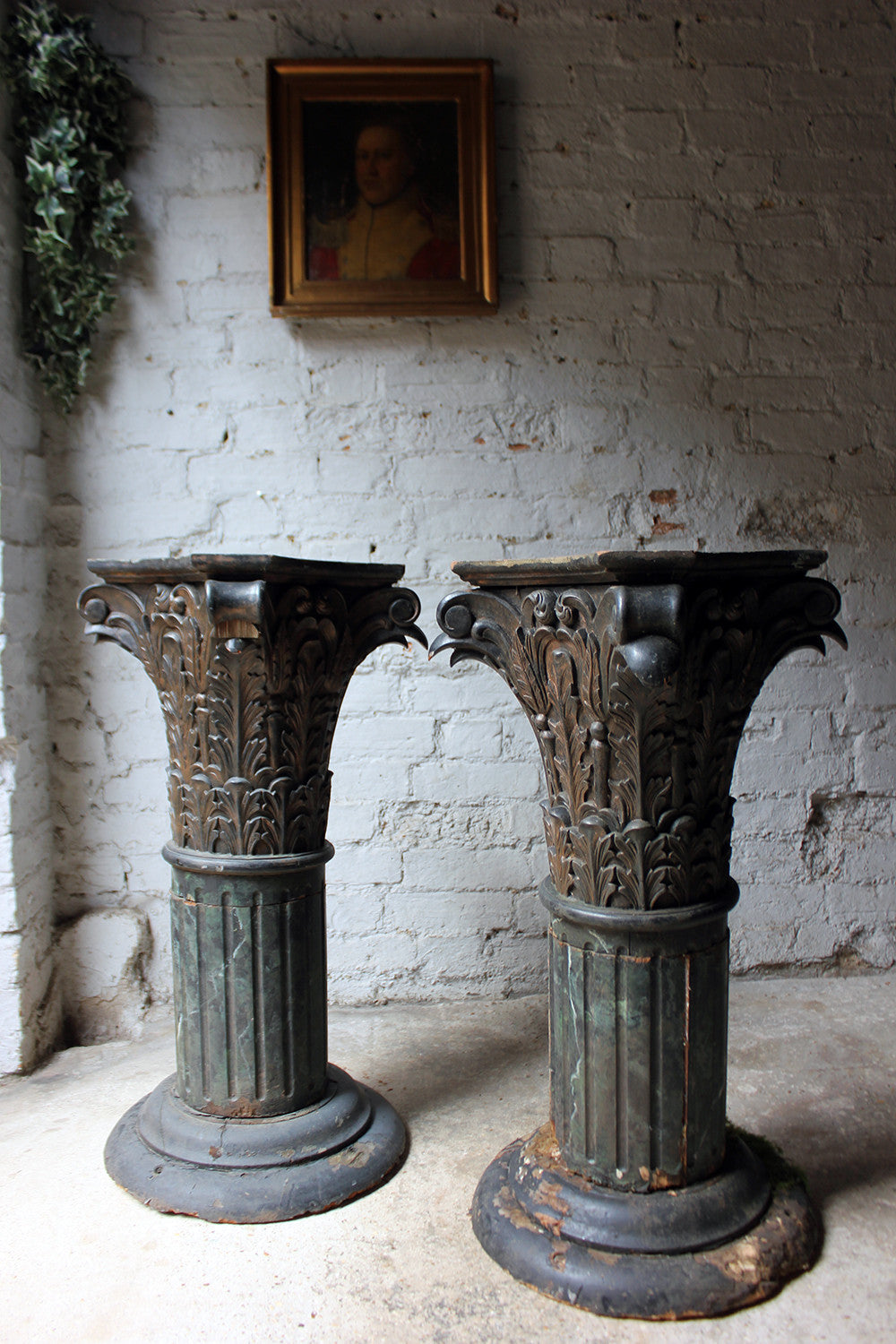 A Decorative Pair of Early 20thC Carved Pine & Faux Marble Painted Corinthian Column Pedestals c.1930-40