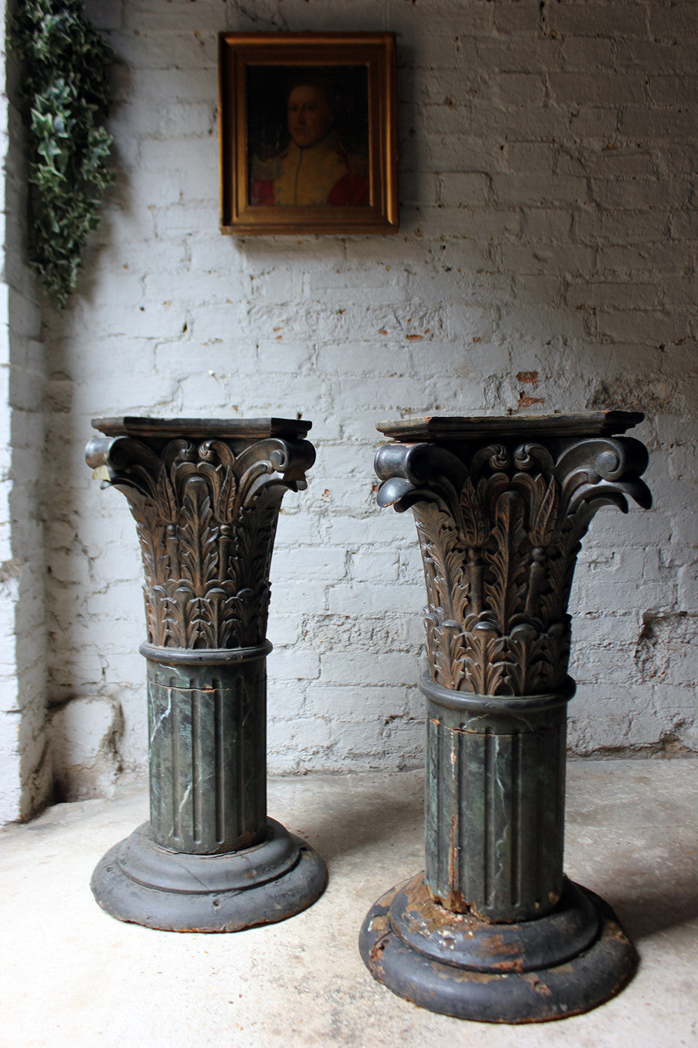 A Decorative Pair of Early 20thC Carved Pine & Faux Marble Painted Corinthian Column Pedestals c.1930-40