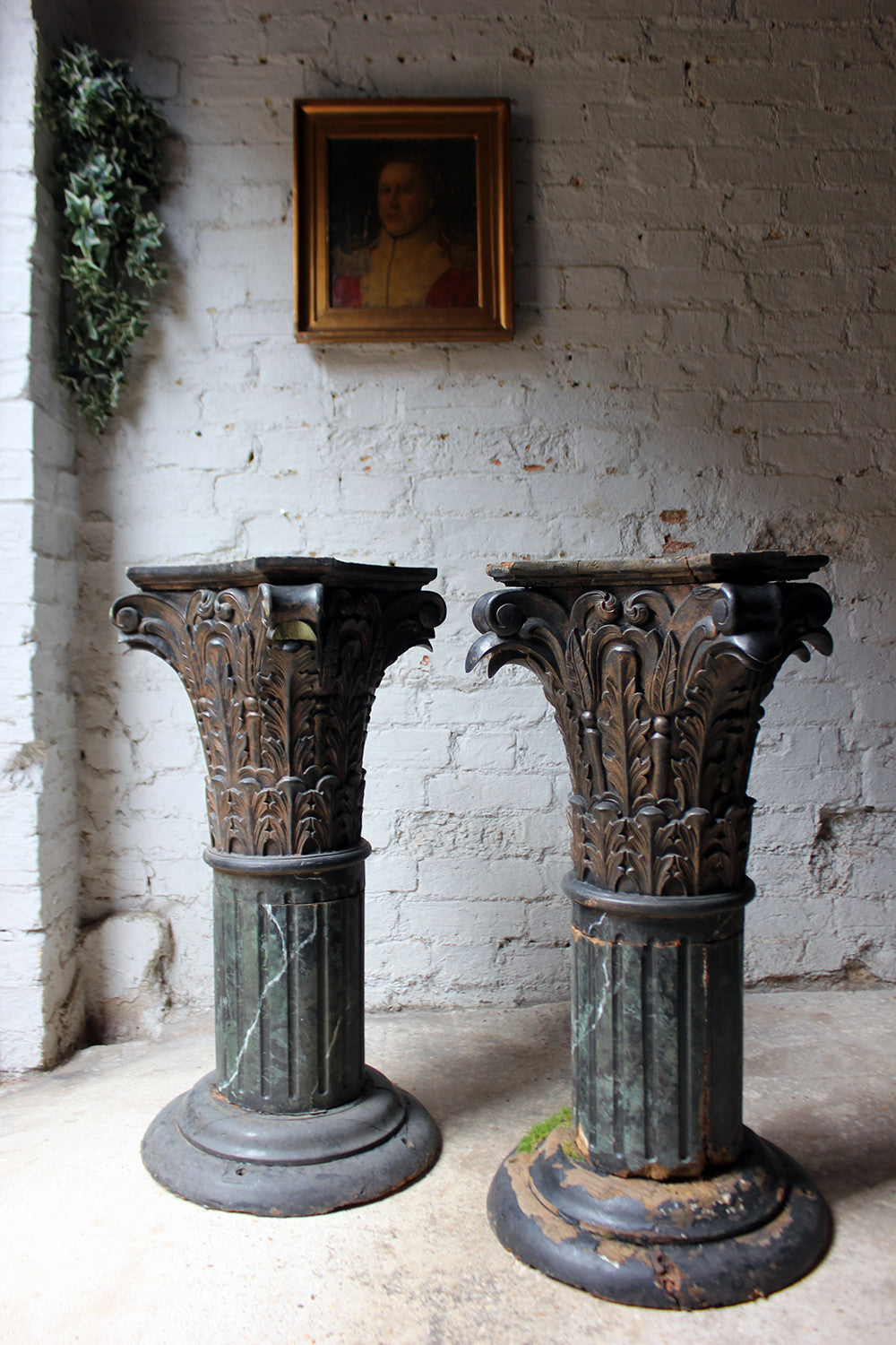 A Decorative Pair of Early 20thC Carved Pine & Faux Marble Painted Corinthian Column Pedestals c.1930-40