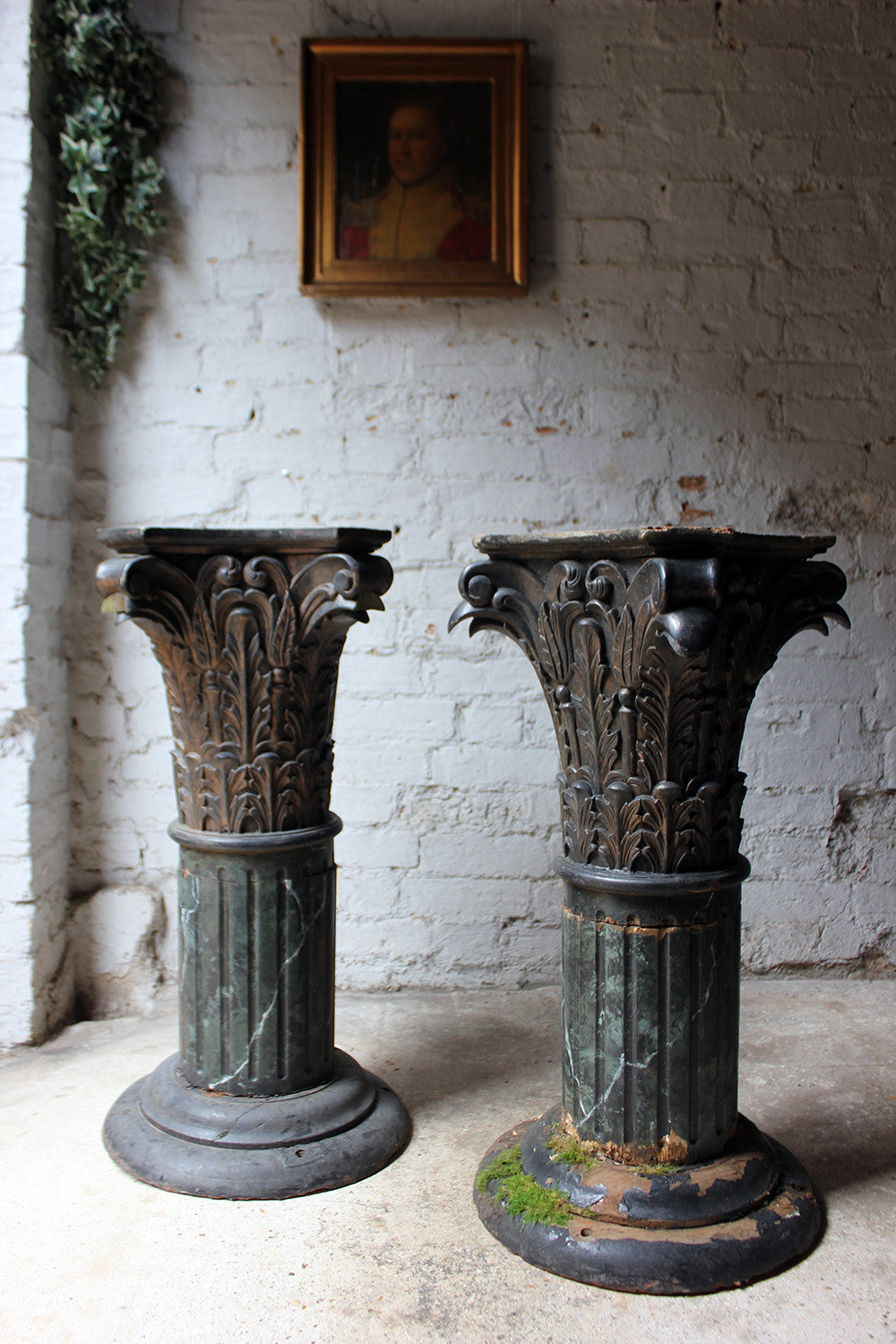 A Decorative Pair of Early 20thC Carved Pine & Faux Marble Painted Corinthian Column Pedestals c.1930-40