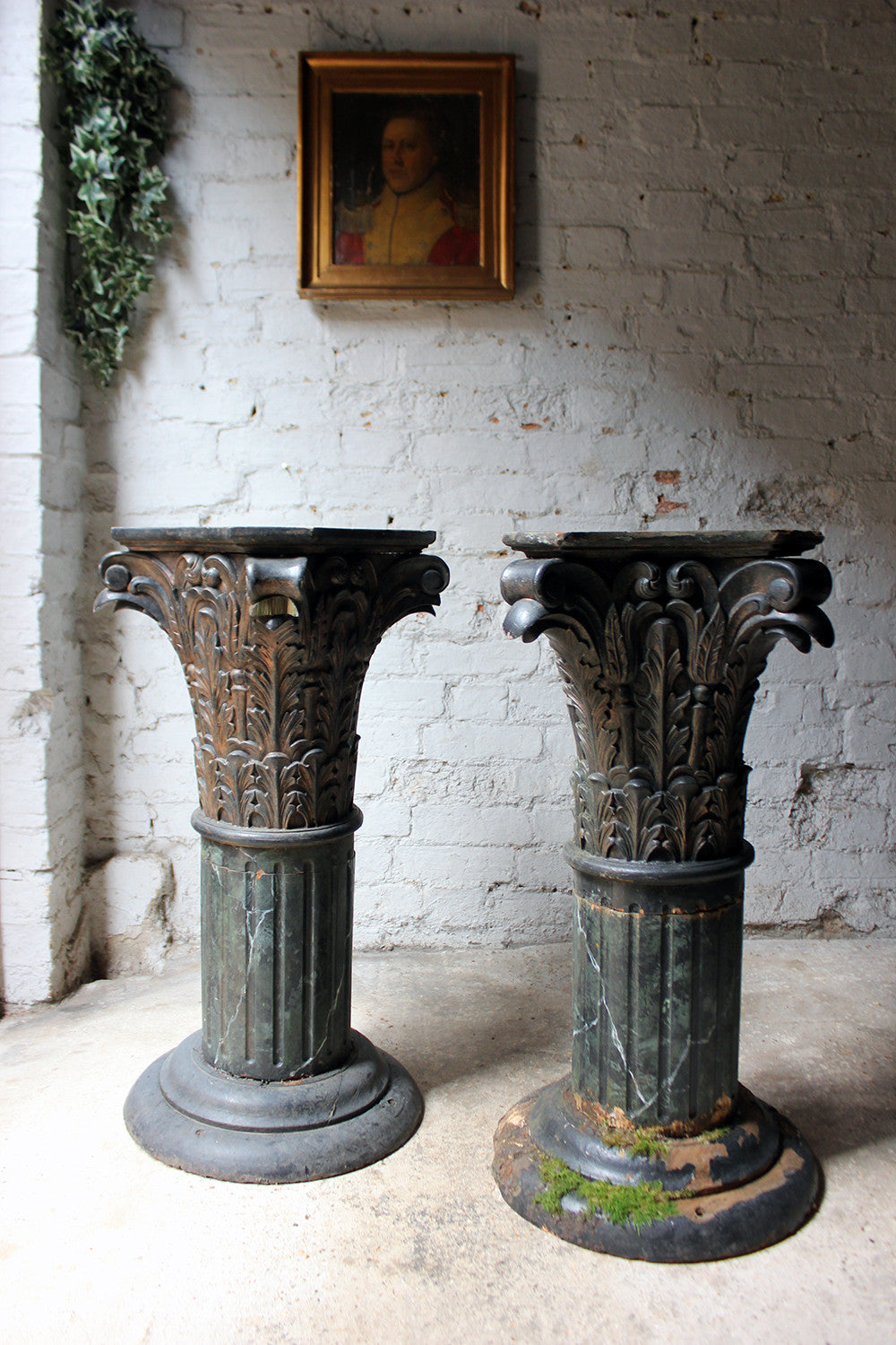 A Decorative Pair of Early 20thC Carved Pine & Faux Marble Painted Corinthian Column Pedestals c.1930-40