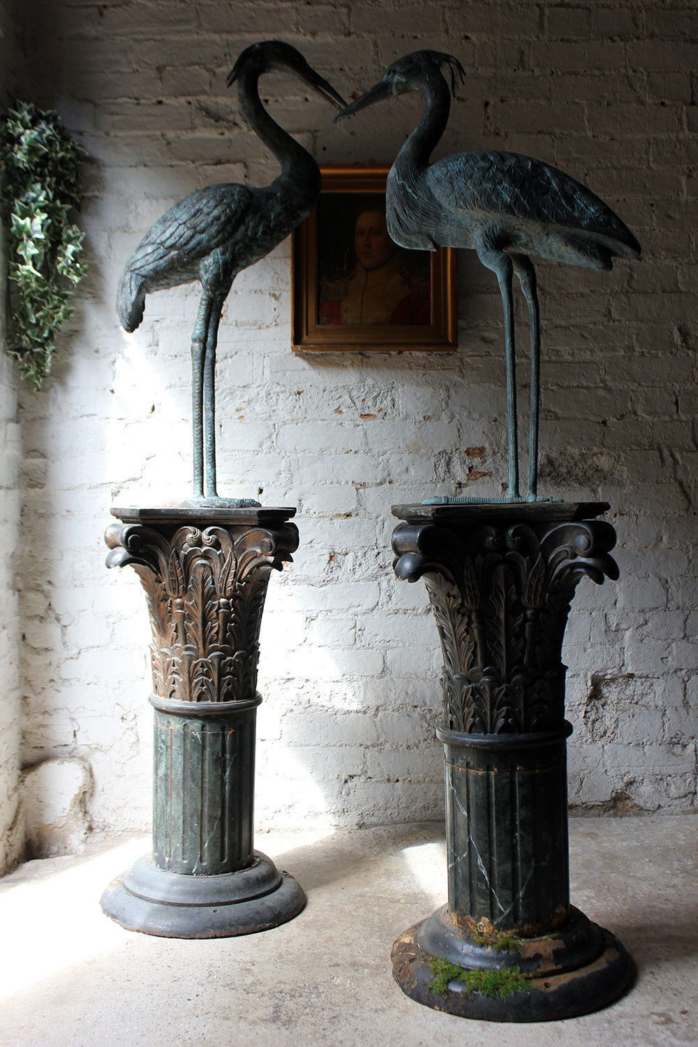 A Decorative Pair of Early 20thC Carved Pine & Faux Marble Painted Corinthian Column Pedestals c.1930-40