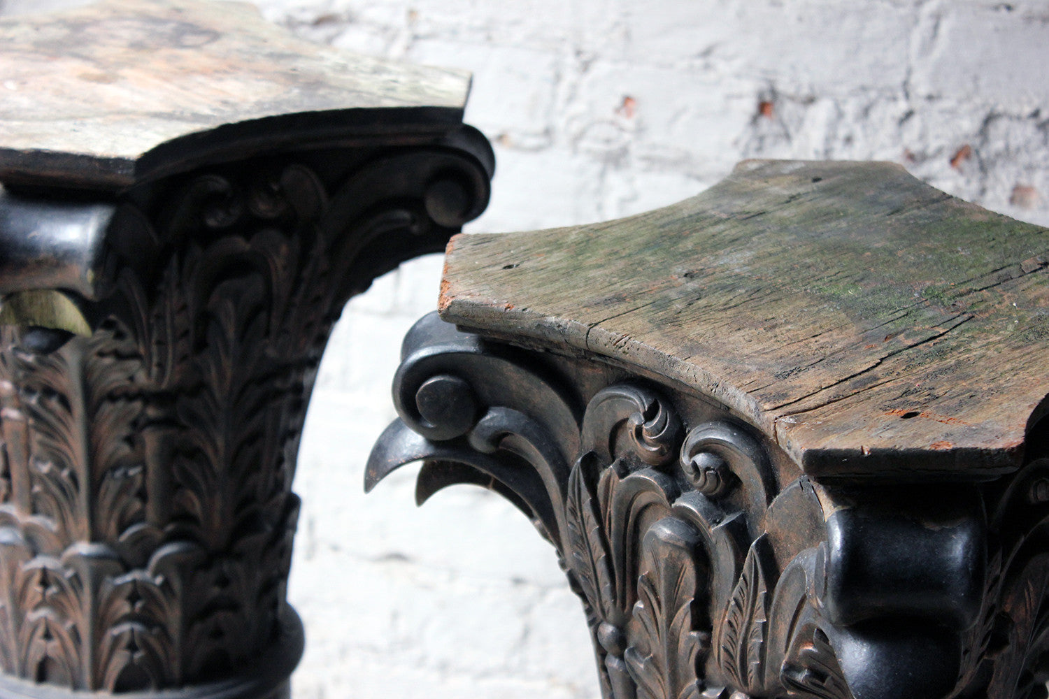 A Decorative Pair of Early 20thC Carved Pine & Faux Marble Painted Corinthian Column Pedestals c.1930-40