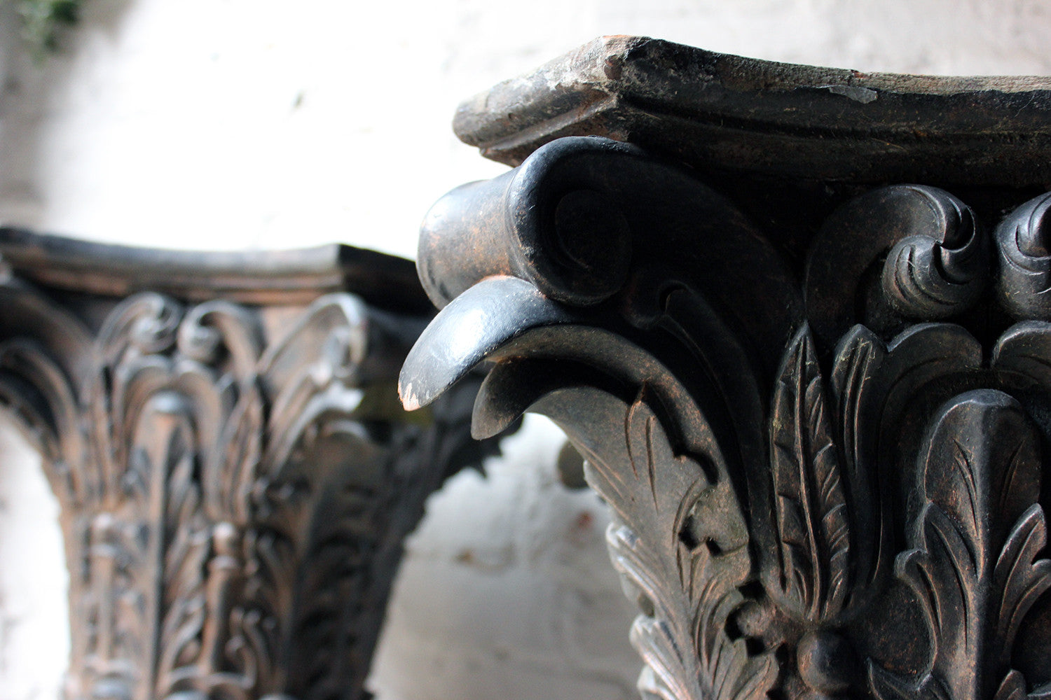 A Decorative Pair of Early 20thC Carved Pine & Faux Marble Painted Corinthian Column Pedestals c.1930-40