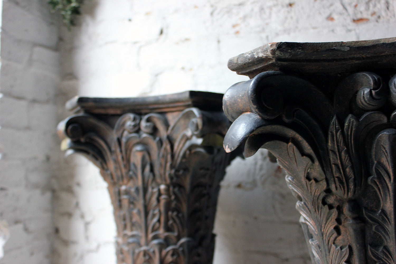 A Decorative Pair of Early 20thC Carved Pine & Faux Marble Painted Corinthian Column Pedestals c.1930-40