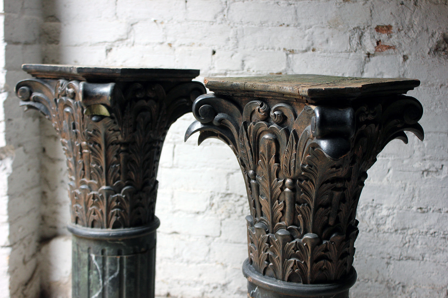 A Decorative Pair of Early 20thC Carved Pine & Faux Marble Painted Corinthian Column Pedestals c.1930-40
