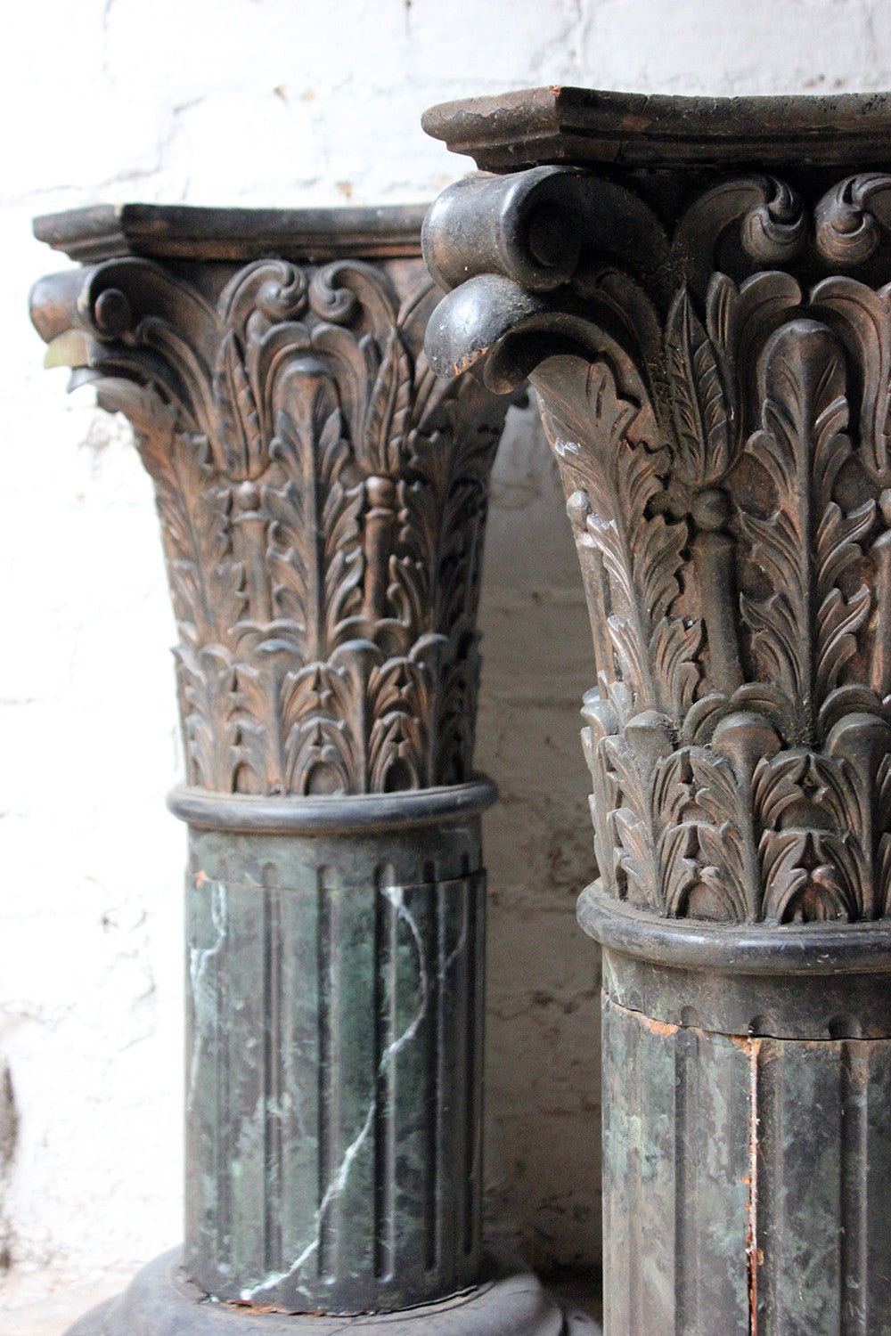 A Decorative Pair of Early 20thC Carved Pine & Faux Marble Painted Corinthian Column Pedestals c.1930-40
