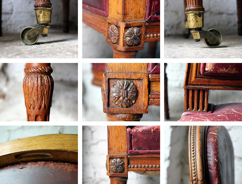 A Good Pair of Early Victorian Golden Oak & Leather Upholstered Library Chairs c.1840-50