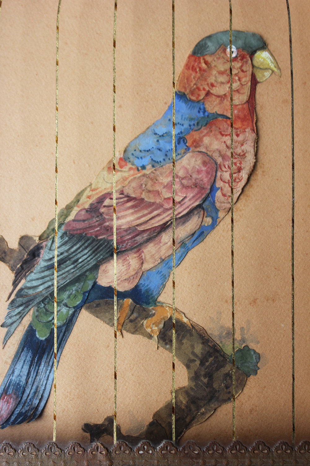 A Charming & Unusual Pair of Early 19thC Continental Appliqué Paper Pictures In The Form of Caged African Parrots c.1800-25